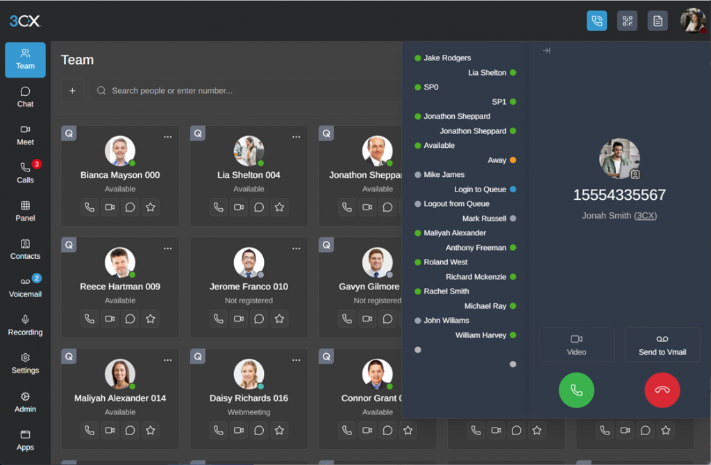 Current 3CX web client showing teams, presence and call handling